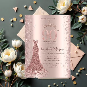 Convites Vestido de Diamante Rosa Dourado Brilho Pó 90º Ani