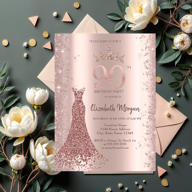 Convites Vestido de Diamante Rosa Dourado Brilho Pó 90º Ani (Criador carregado)