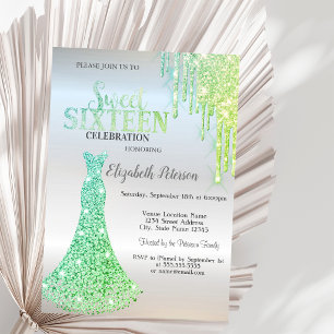 Convites Vestido de diamantes Chic Green Glitter Drips, doc