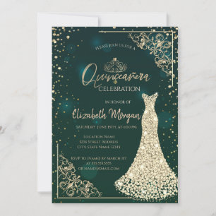 Convites Vestido de Diamantes Dourados Tiara Verde Quinceañ