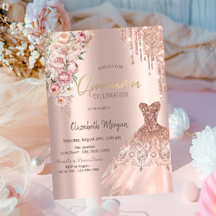 Convites Vestido de Drips Brilho em Rose Gold Rosas Quincea