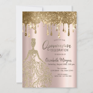 Convites Vestido de Drips de Brilho em Rose Gold Quinceaner