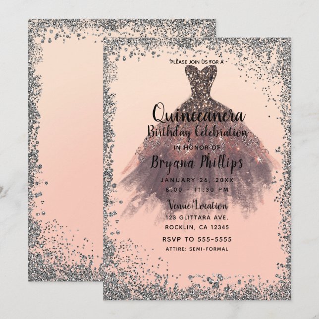 Convites Vestido de Festa com Brilho de Pêssego e Prata Qui (Frente/Verso)
