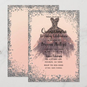 Convites Vestido de Festa com Brilho de Pêssego e Prata Qui