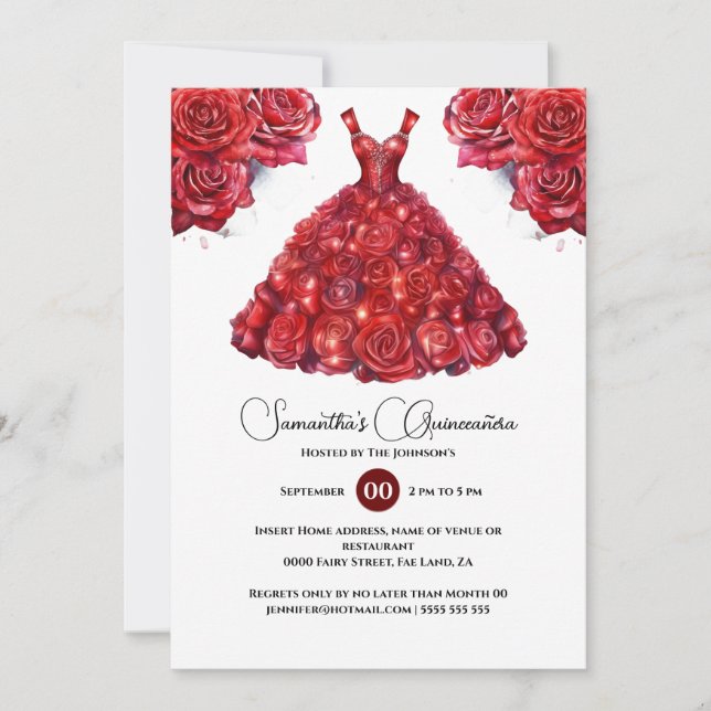 Convites Vestido de festa de 15 anos elegante rosa vermelha (Frente)