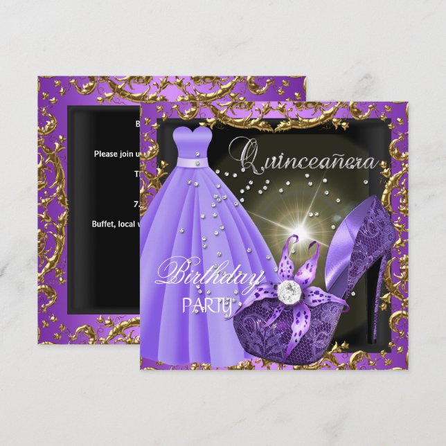 Convites Vestido de festa de 15 anos Quinceanera roxo (Frente/Verso)