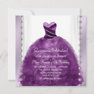 Convites Vestido de Festa Pérolas Ameixa Roxo Quinceanera