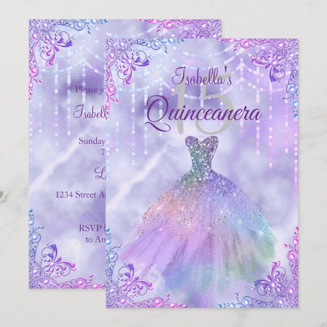 Convites Vestido de festa Quinceanera de Lilás Roxo Pérola  (Frente/Verso)