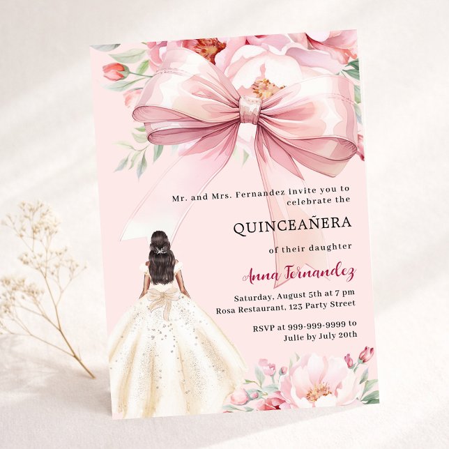 Convites Vestido de florais de laço rosa para Quinceanera (Criador carregado)
