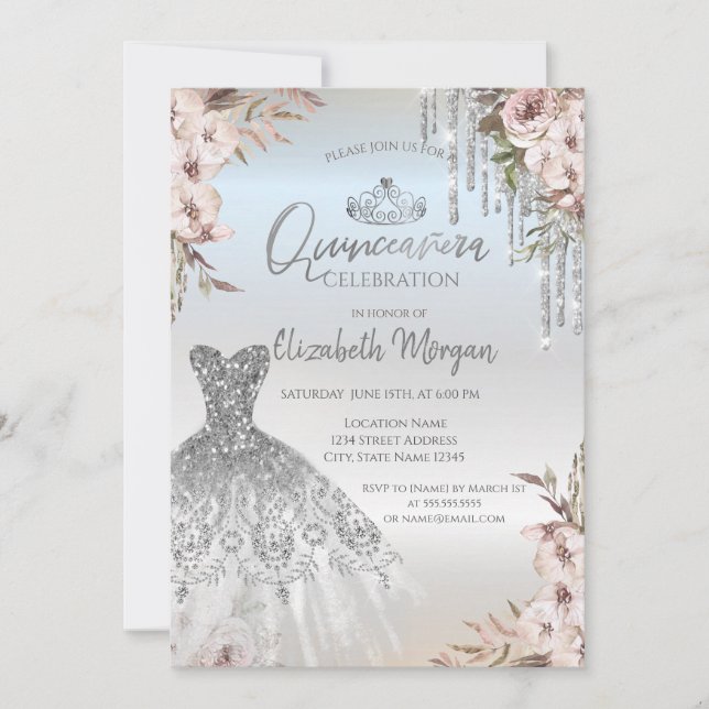 Convites Vestido de Flores Boho Pingentes Prata Quinceanera (Frente)