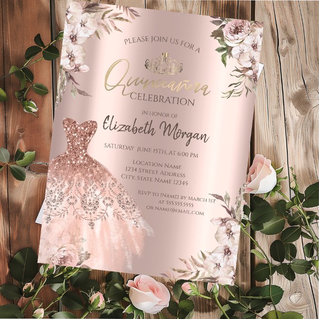 Convites Vestido de Flores Boho Rosa Dourado Quinceanera (Criador carregado)