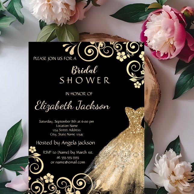 Convites Vestido de Flores Douradas Chic Glitter Bridal Sho (Criador carregado)