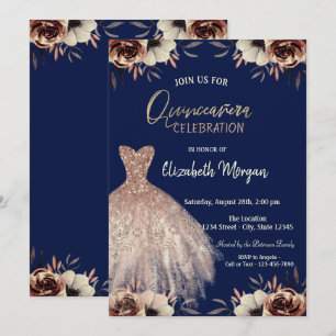 Convites Vestido de Flores em Rose Gold Azul Naval Quinceañ