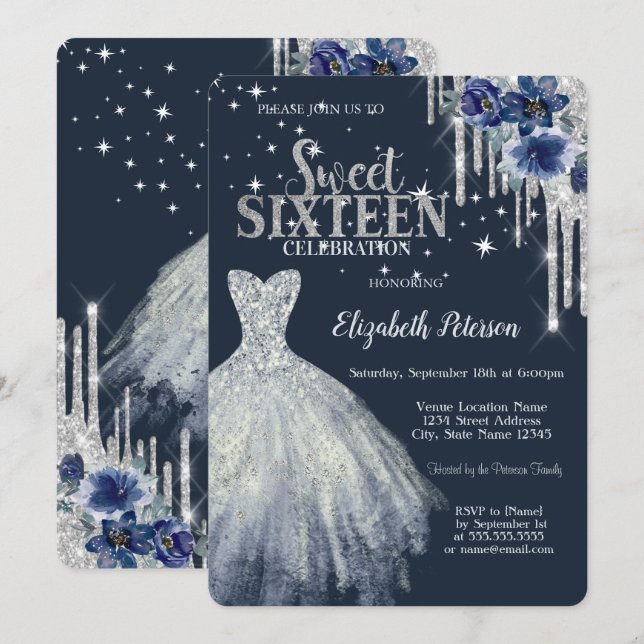 Convites Vestido de Flores Estrelas Azul Glitter Drips Swee (Frente/Verso)