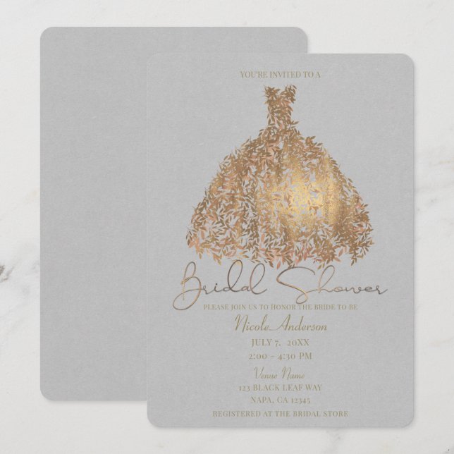 Convites Vestido de Folhas Botânicas Rose Gold para Chá de  (Frente/Verso)