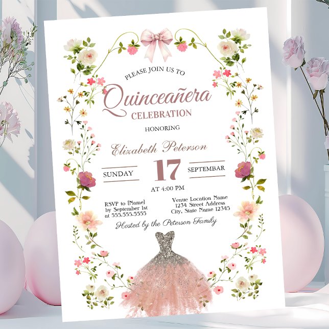 Convites Vestido de Glitter com Arco e Flores Silvestres Qu (Criador carregado)