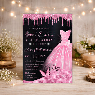 Convites Vestido de Glitter Rosa Bebê Aquarela Sweet Sixtee