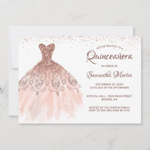 Convites Vestido de glitter rosa dourado de Quinceanera em