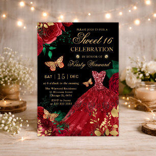 Convites Vestido de Glitter Vermelho em Aquarela & Rosas Sw