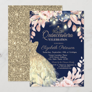 Convites Vestido de Lantejoulas Dourado,Tiara Floral Quince