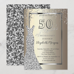 Convites Vestido de Lantejoulas Prata Aniversário de 50 ano
