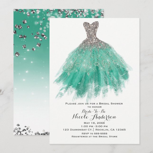 Convites Vestido de Lantejoulas Verde-azulado e Prata Glam  (Frente/Verso)