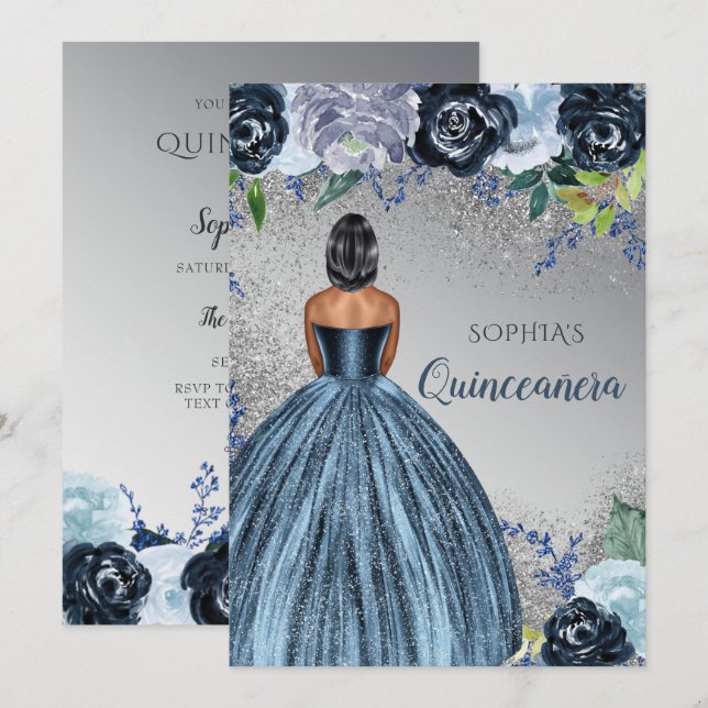Convites Vestido De Lata Azul De Prata Quinceañera Quince (Frente/Verso)