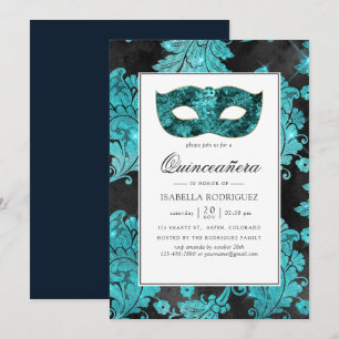 Convites Vestido de Noiva Azul Teal Mascarada Damask Quince