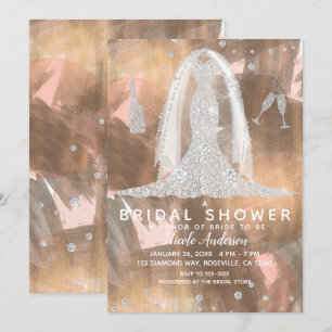 Convites Vestido de Noiva Bronzeado de Diamante de Pêssego 