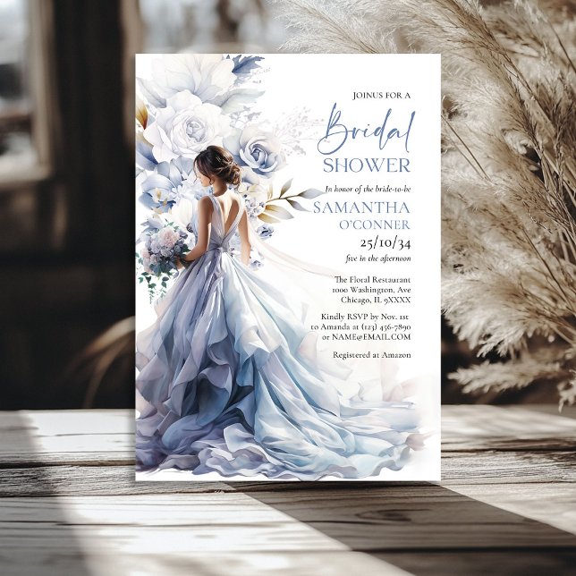 Convites Vestido de noiva de eucalipto floral azul-poeirent (Boho dusty blue floral eucalyptus bridal dress invitation)