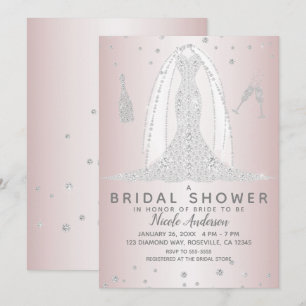 Convites Vestido de Noiva Diamante Rosa Bege Casamento Chá