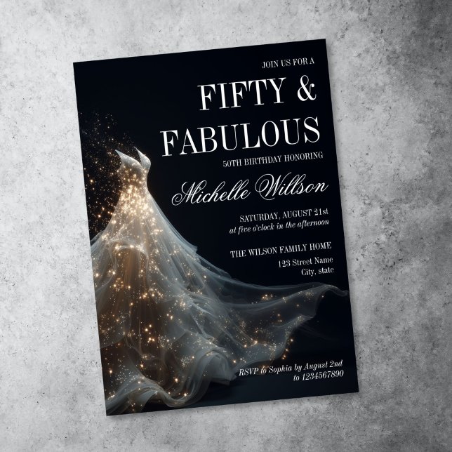 Convites Vestido de noiva dourado brilhante cinquenta e fab (elegant white dress with golden sparkle and glitter, 50 and fabulous birthday invitation)