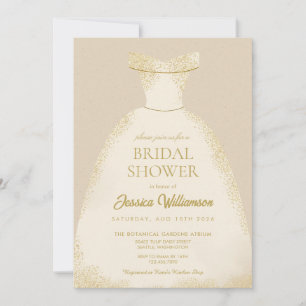 Convites Vestido de Noiva Elegante Dourado para Chá de Noiv