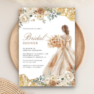 Convites Vestido de Noiva Floral Terroso com Renda Dourada