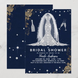 Convites Vestido de Noiva Rosa Dourada Diamante Casamento C