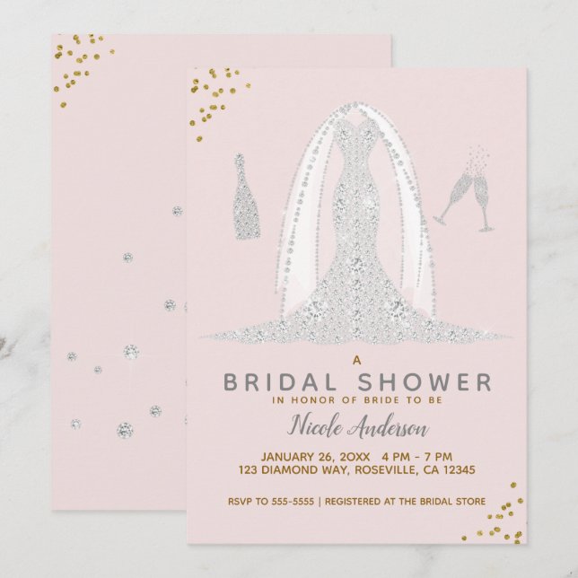 Convites Vestido de Noiva Rosa e Dourado Bridal Shower (Frente/Verso)