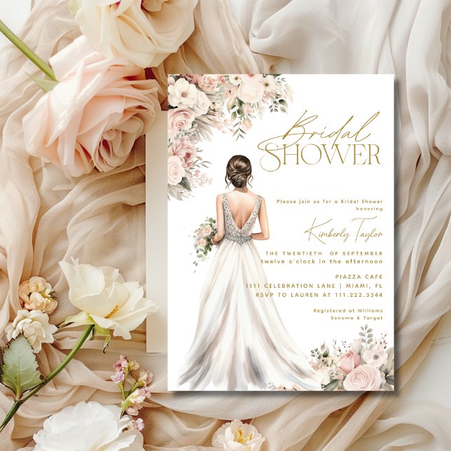 Convites Vestido de Noiva Saia Longa Morena Chuveiro de Noi (Wedding Dress Gown Brunette Floral Bridal Shower Invitation)