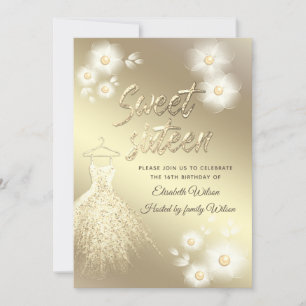 Convites Vestido de ouro adorável, pérola, doce floral deze