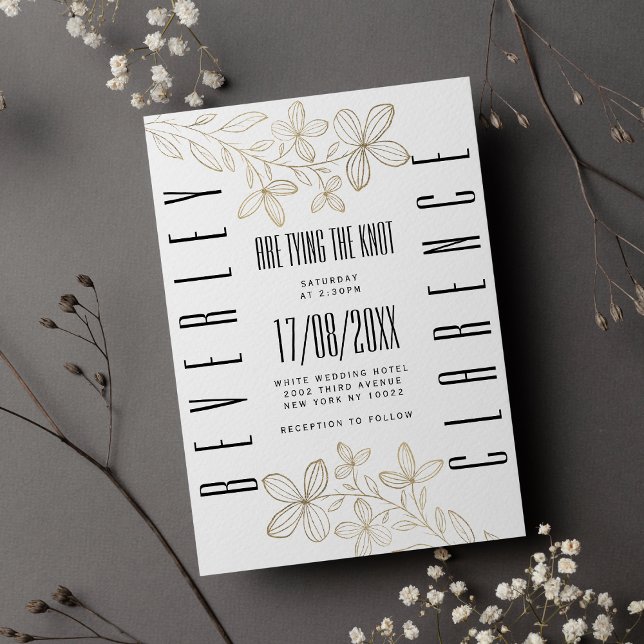 Convites Vestido de ouro branco e tipografia preto (Retro black typography white gold floral wedding)