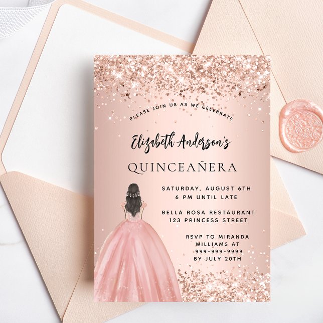 Convites Vestido de ouro da Quinceanera rosa (Criador carregado)