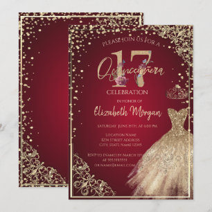 Convites Vestido de Ouro Diamantes Floral Vermelho Quinceañ