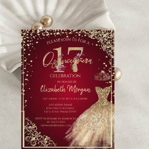 Convites Vestido de Ouro Diamantes Floral Vermelho Quinceañ