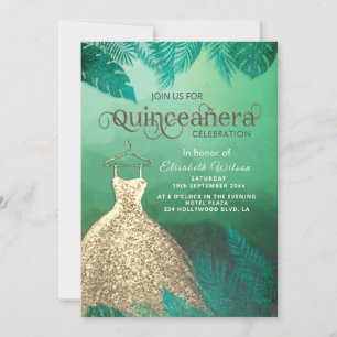 Convites Vestido de ouro tropical tropical verde Quinceañer