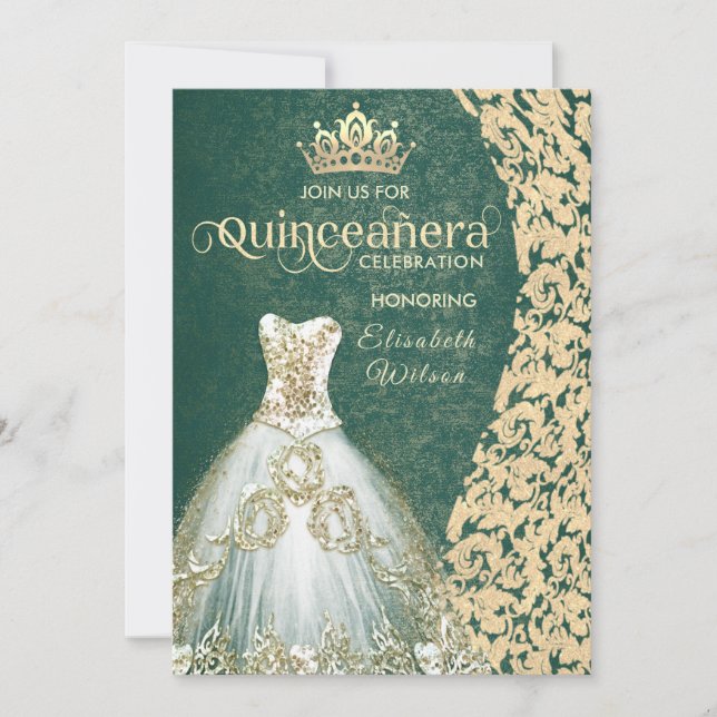 Convites Vestido de ouro verde damask tiara Quinceañera (Frente)