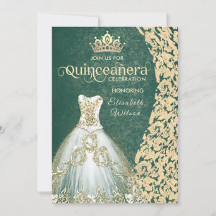Convites Vestido de ouro verde damask tiara Quinceañera