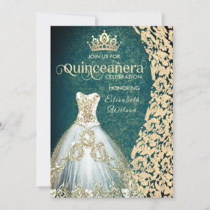Convites Vestido de ouro verde damask tiara Quinceañera