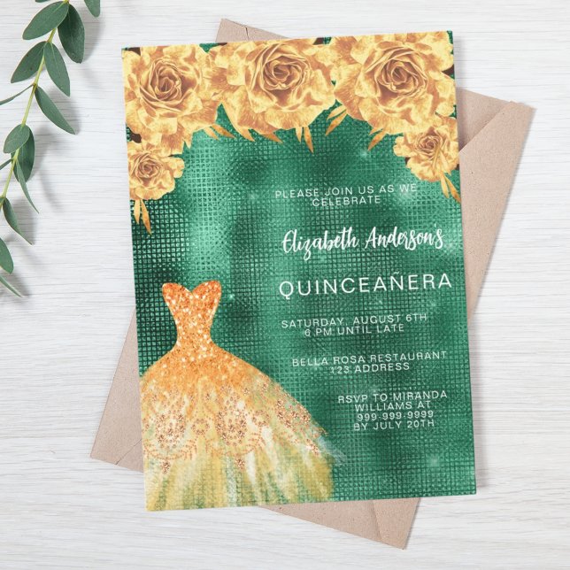 Convites Vestido de ouro verde esmeralda Quinceanera floral (Criador carregado)