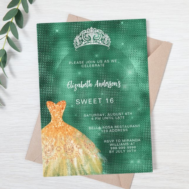 Convites Vestido de ouro verde-esmeralda tiara Sweet 16 (Criador carregado)