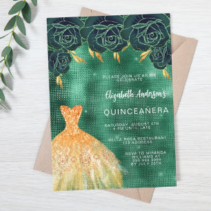 Convites Vestido de ouro verde esmeraldo de luxo floral Qui