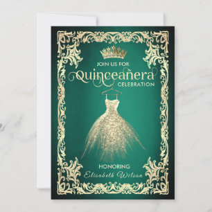Convites Vestido de ouro verde-quente tiara Quinceañera I